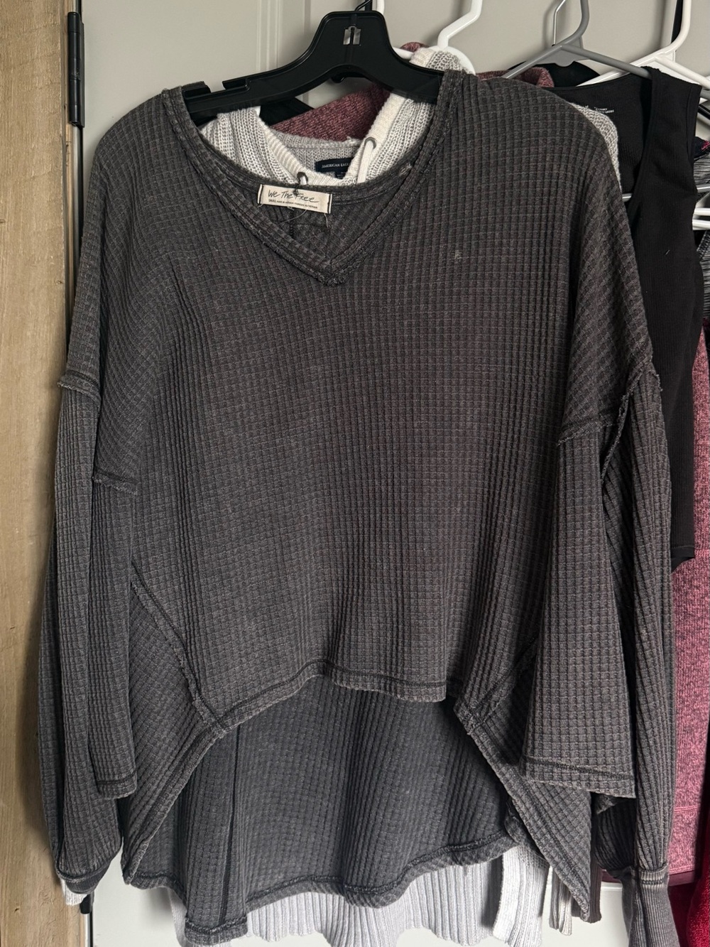 We The Free Charcoal Gray Waffle Knit V‑Neck Top